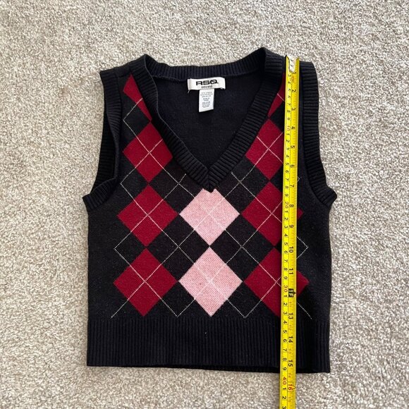 Cropped Argyle Knit Deep V-Neck Thick Sweater Vest Black Red Pink XS - Picture 5 of 6